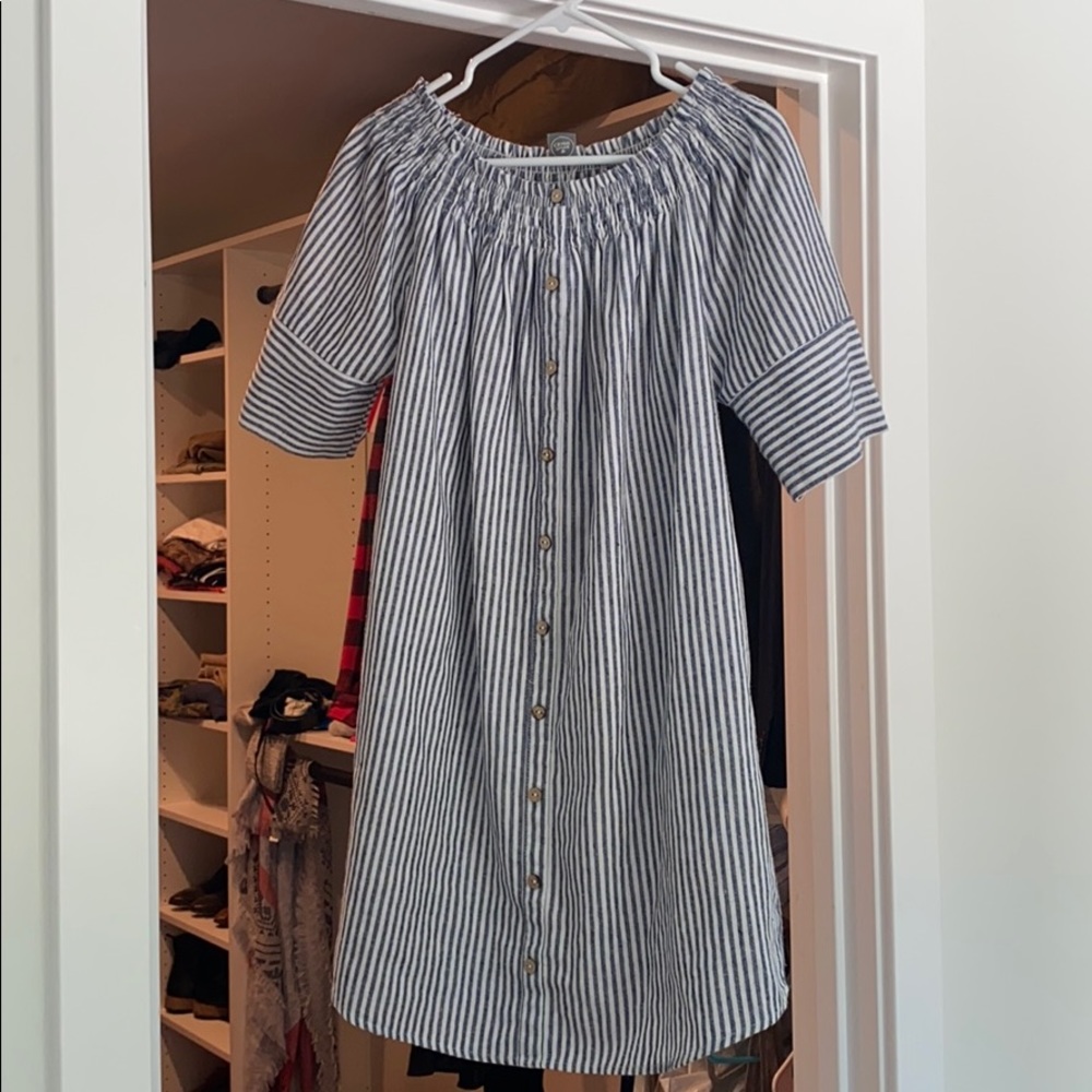 Pinstripe off the shoulder dress